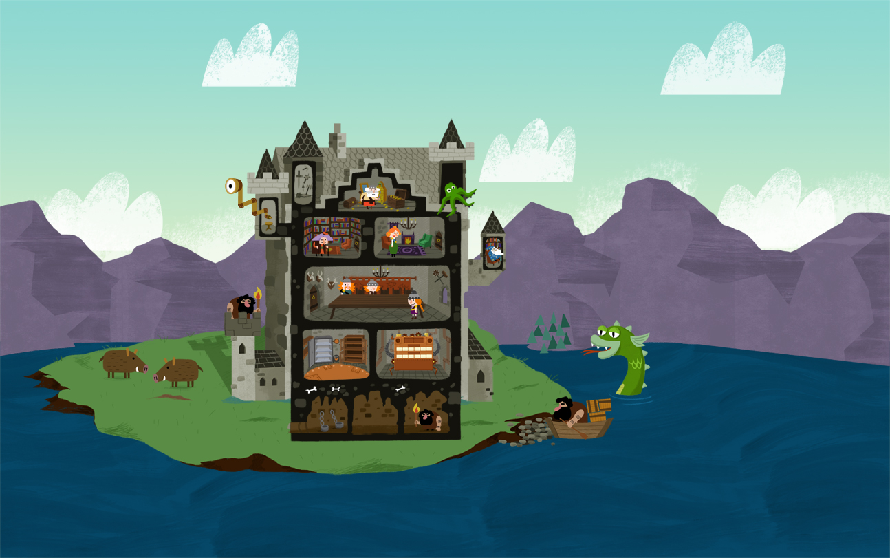 a cartoon style image of a Scottish castle in the middle of a loch