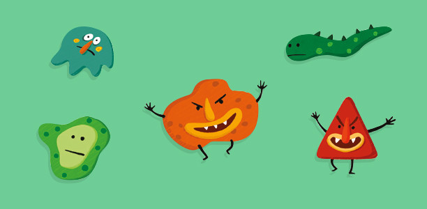 five cartoon images of bacteria with faces on them