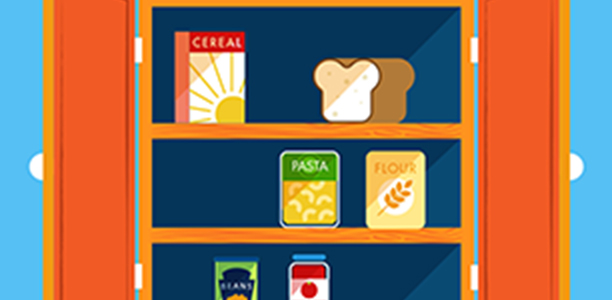 Food storage cupboard containing bread, cereal, pasta and wheat