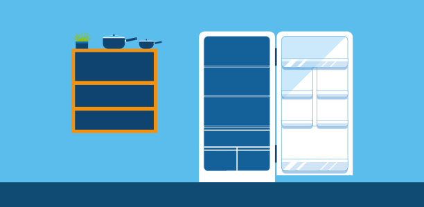 a tall fridge with an open door and four empty shelves