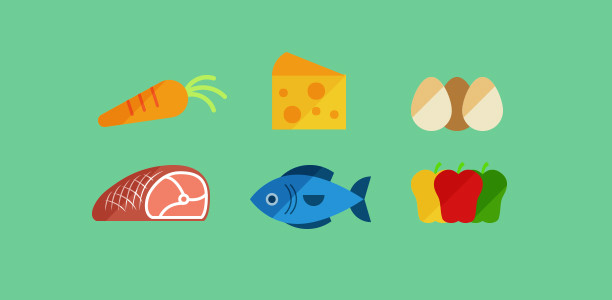 illustrated image of a carrot, cheese, eggs, pepper, fish and meat