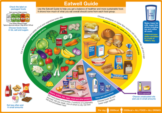 The eatwell guide with foods divided into categories of fruit and vegetable, potatoes and starchy carbohydrates, beans, pulses, other proteins, dairy and alternatives and oils and spreads.