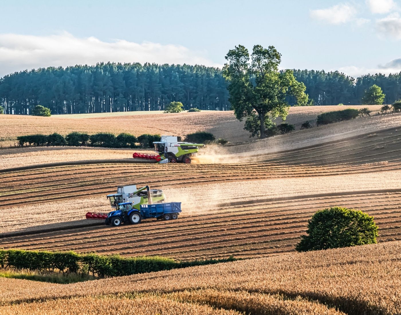 Farmers in combine harvesters working in a corn field near Kelso in the Scottish Borders