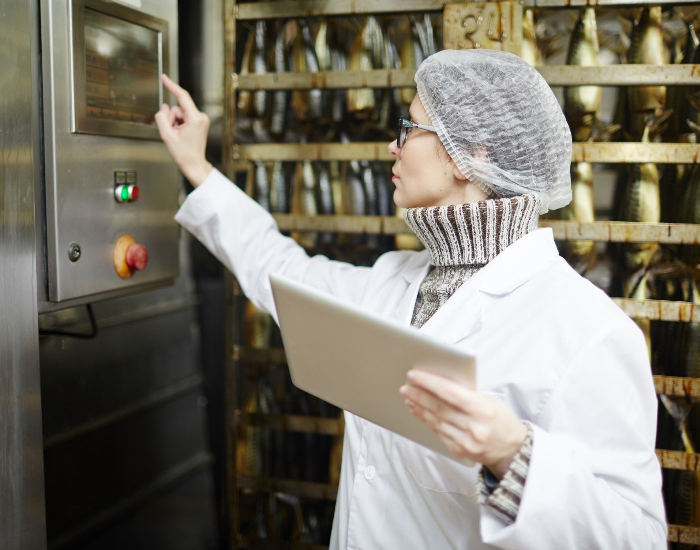 Control staff of fish factory choosing working regime of smoking machine
