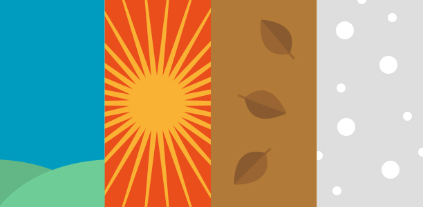 Graphic split into four sections depicting spring with a blue sky, summer with a bright sun, autumn with brown leaves and winter with snow