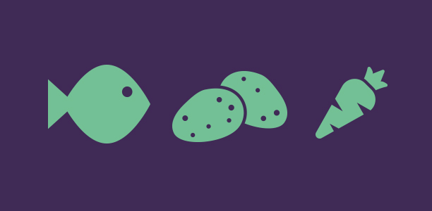fish, potato and carrot drawn on a purple background