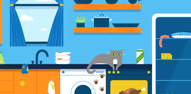 illustration of a kitchen. There's a cat on the worktop, the fridge is open and there's dirty towels.