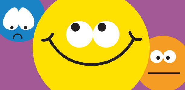 a blue sad face, yellow face and a neutral orange face