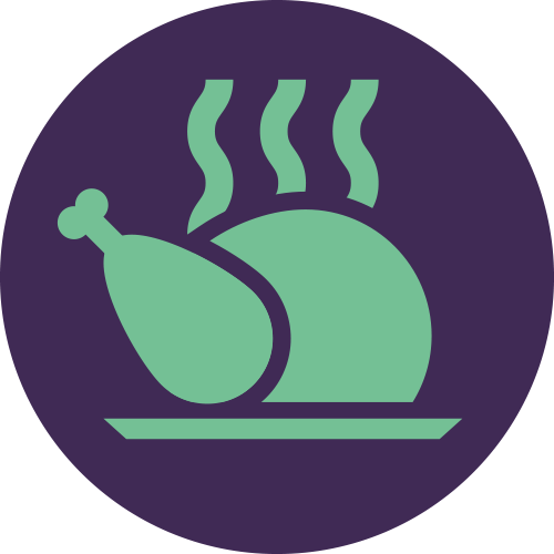 Purple circle with green illustration of a cooked whole chicken with steam coming out