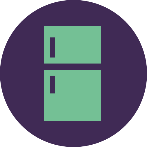 Purple circle with an illustration of a green fridge
