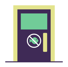 Illustration of a door with a sign saying 'No fish allowed'