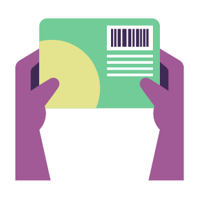 Illustration of a pair of hands holding a card with a bar code