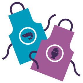 Illustration of two aprons, one with an image of a prawn and the other with an image of an egg on the front