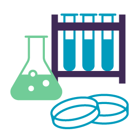 Illustration of test tubes, flask and petri dishes