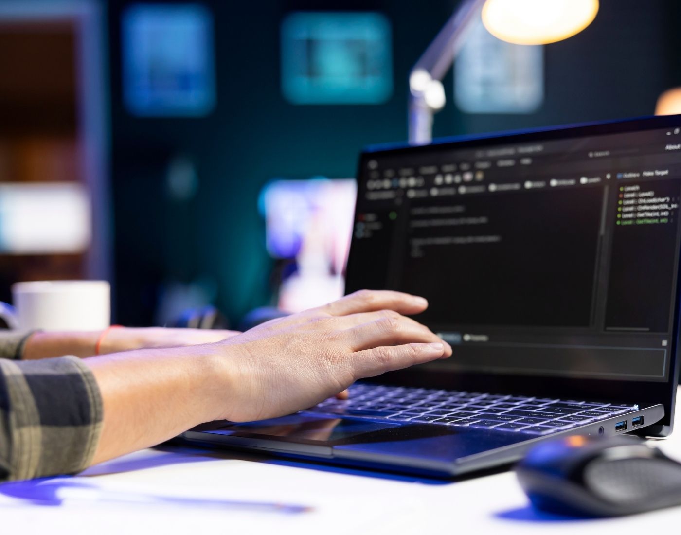 Person typing on a laptop displaying a dark-themed code editor, in a tech-focused indoor workspace with blurred background elements.