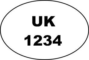 An oval-shaped label with a black border, containing the letters 'UK' at the top and the number '1234' below