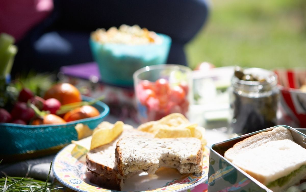 Picnic scene with assorted foods such as sandwiches, chips, and fruits on colourful plates and bowls, set on grass in daylight.