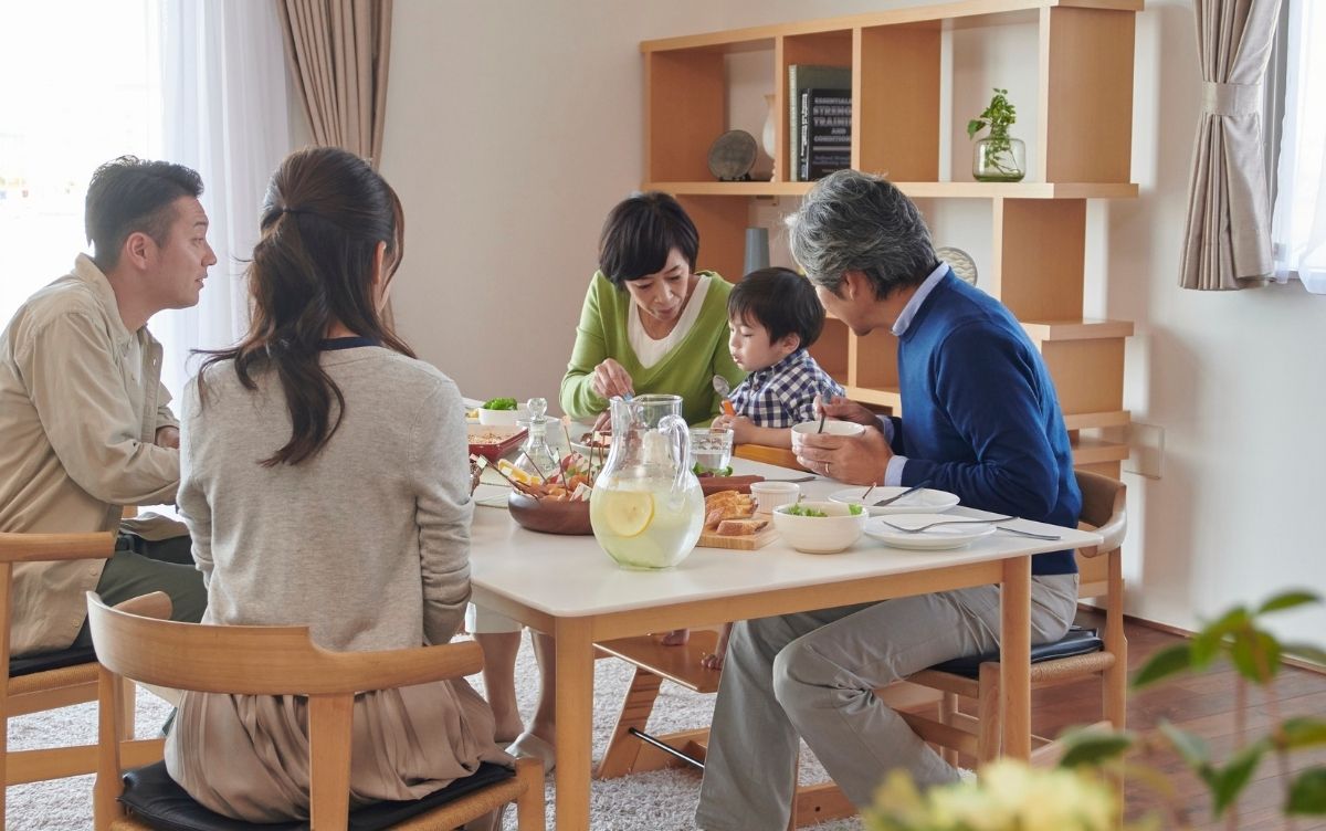 Family eating a meal at home