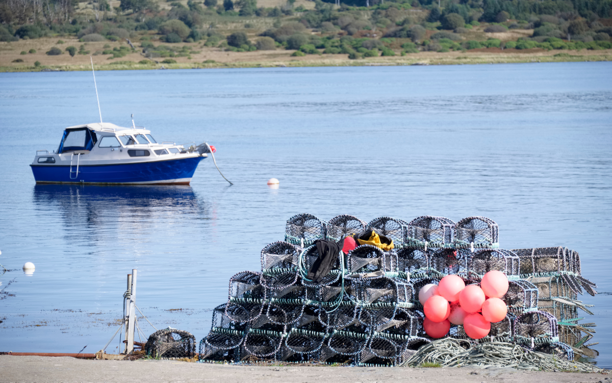 fishing boat on calm water loch with lobster nets on land.