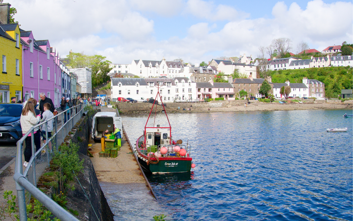 On a sunny day, a green fishing boat sits in calm water at Portree harbour, with fishermen unpacking fish on harbour side. Small businesses line the nearby street and some buildings in the town are in the background along the edge of the water