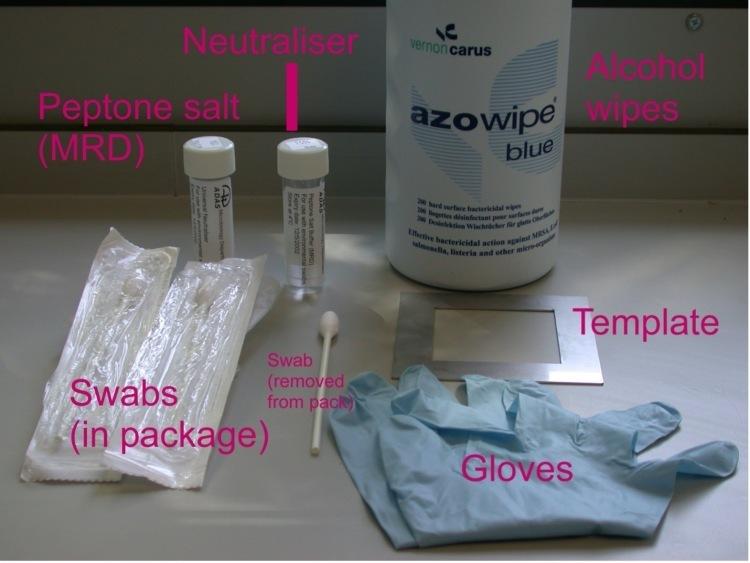 Equipment needed to swab including peptone salt (MRD), neutraliser, alcohol wipes, template, swabs in package, a swab removed from pack and gloves.